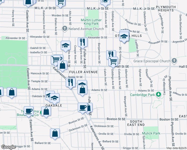 map of restaurants, bars, coffee shops, grocery stores, and more near 1214 Underwood Avenue Southeast in Grand Rapids