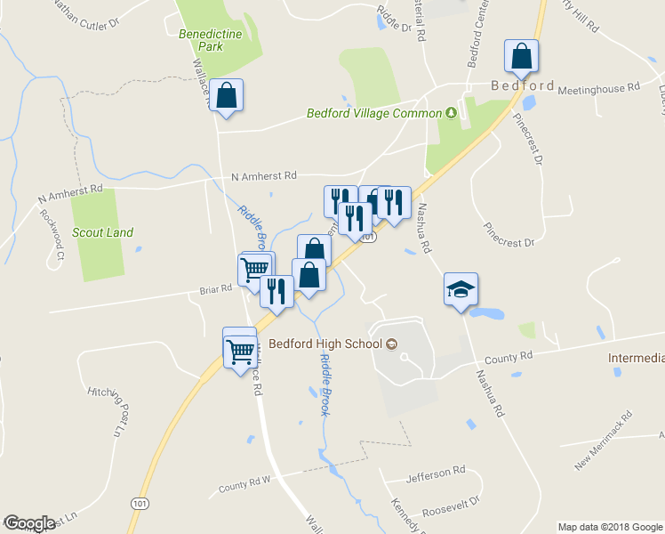 map of restaurants, bars, coffee shops, grocery stores, and more near 192 New Hampshire Route 101 in Bedford