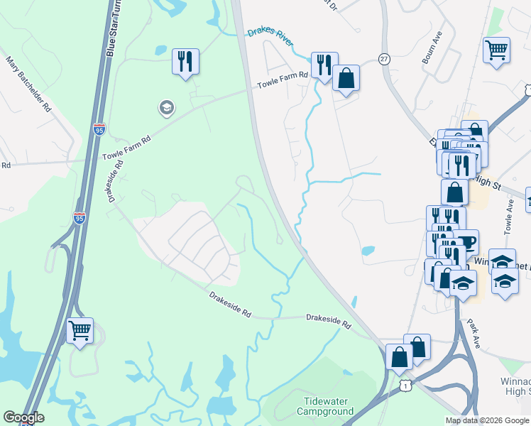 map of restaurants, bars, coffee shops, grocery stores, and more near Exeter-Hampton Expy in Hampton