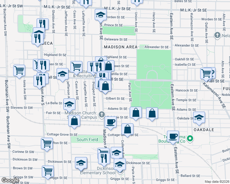 map of restaurants, bars, coffee shops, grocery stores, and more near 1226 Madison Avenue Southeast in Grand Rapids