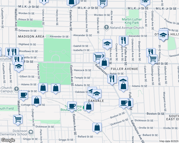 map of restaurants, bars, coffee shops, grocery stores, and more near 1217 Butler Avenue Southeast in Grand Rapids