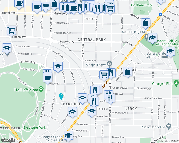 map of restaurants, bars, coffee shops, grocery stores, and more near 1659 Amherst Street in Buffalo