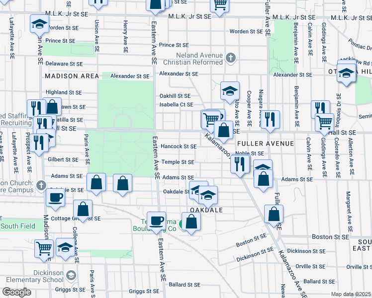 map of restaurants, bars, coffee shops, grocery stores, and more near 912 Hancock Street Southeast in Grand Rapids