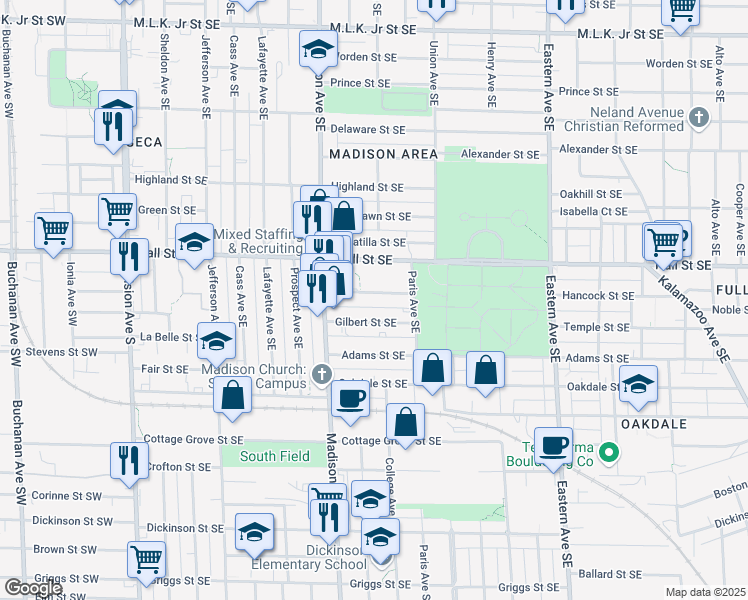 map of restaurants, bars, coffee shops, grocery stores, and more near 454 Crawford Street Southeast in Grand Rapids