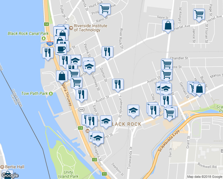 map of restaurants, bars, coffee shops, grocery stores, and more near 155 Gorton Street in Buffalo