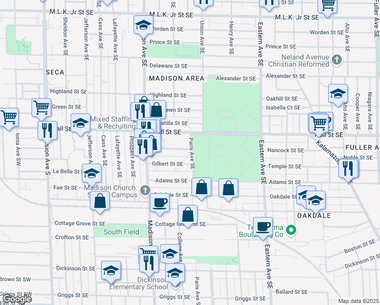 map of restaurants, bars, coffee shops, grocery stores, and more near 530 Crawford Street Southeast in Grand Rapids