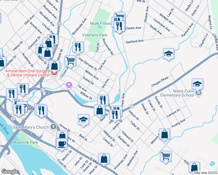 map of restaurants, bars, coffee shops, grocery stores, and more near 56 Milton Avenue in Amsterdam