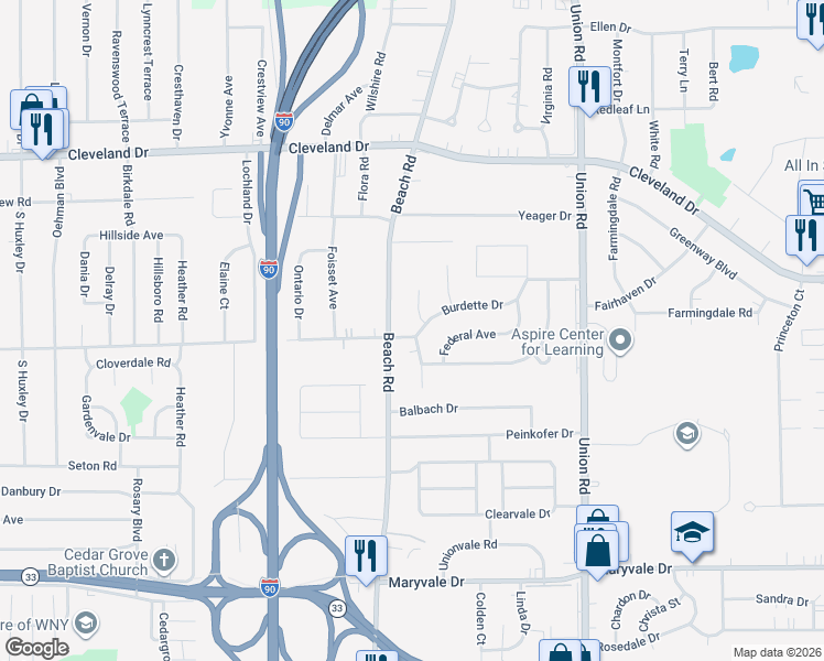 map of restaurants, bars, coffee shops, grocery stores, and more near 8 Burdette Drive in Buffalo