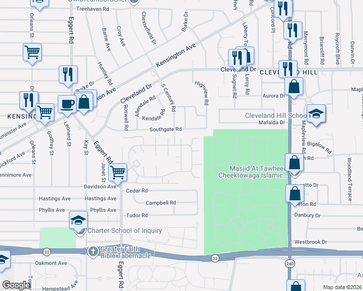map of restaurants, bars, coffee shops, grocery stores, and more near 151 Southgate Road in Buffalo