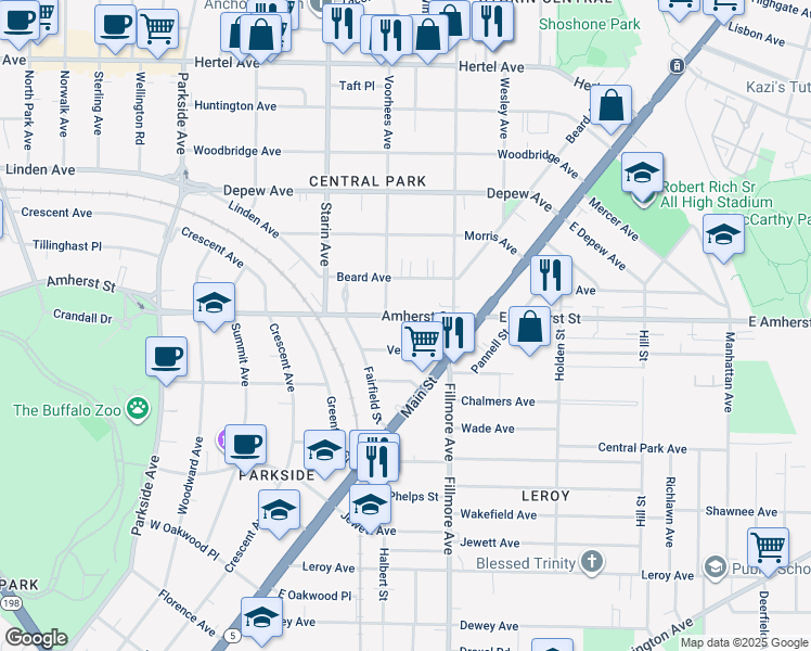 map of restaurants, bars, coffee shops, grocery stores, and more near 7 Voorhees Avenue in Buffalo