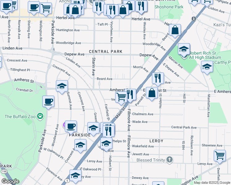 map of restaurants, bars, coffee shops, grocery stores, and more near 7 Voorhees Avenue in Buffalo