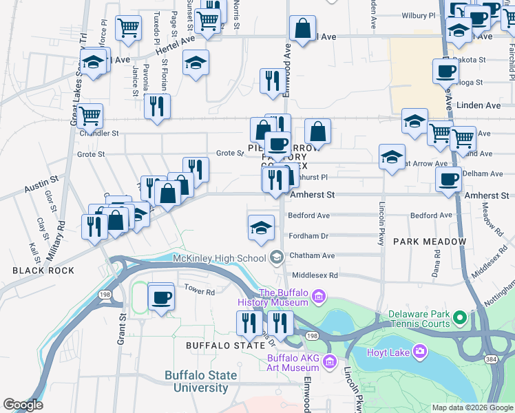 map of restaurants, bars, coffee shops, grocery stores, and more near 645 Amherst Street in Buffalo
