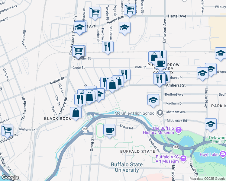 map of restaurants, bars, coffee shops, grocery stores, and more near 18 Reservation Street in Buffalo
