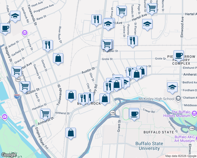 map of restaurants, bars, coffee shops, grocery stores, and more near 132 Military Road in Buffalo