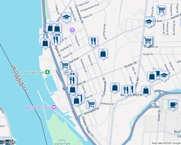 map of restaurants, bars, coffee shops, grocery stores, and more near 181 Gorton Street in Buffalo