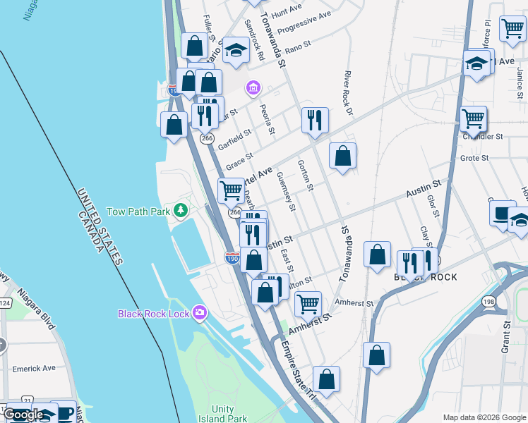 map of restaurants, bars, coffee shops, grocery stores, and more near 335 East Street in Buffalo