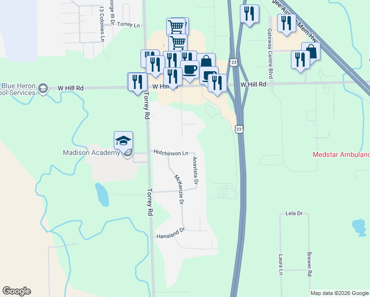 map of restaurants, bars, coffee shops, grocery stores, and more near 6117 Wendt Drive in Flint