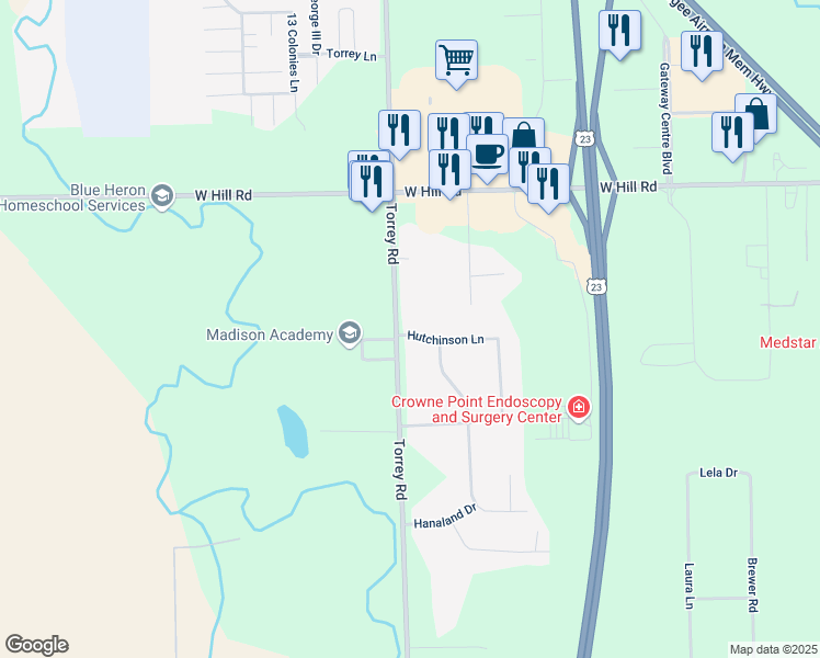 map of restaurants, bars, coffee shops, grocery stores, and more near 6119 Torrey Road in Flint