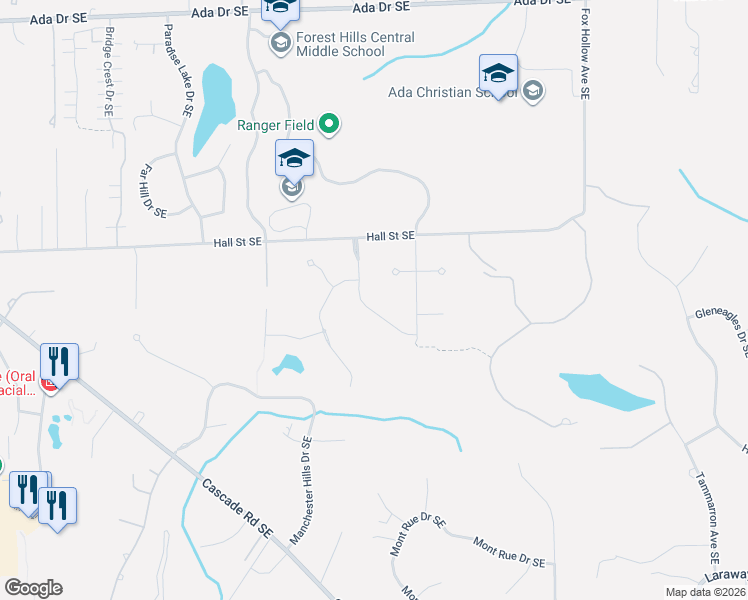 map of restaurants, bars, coffee shops, grocery stores, and more near 1266 McAllister Court Southeast in Grand Rapids