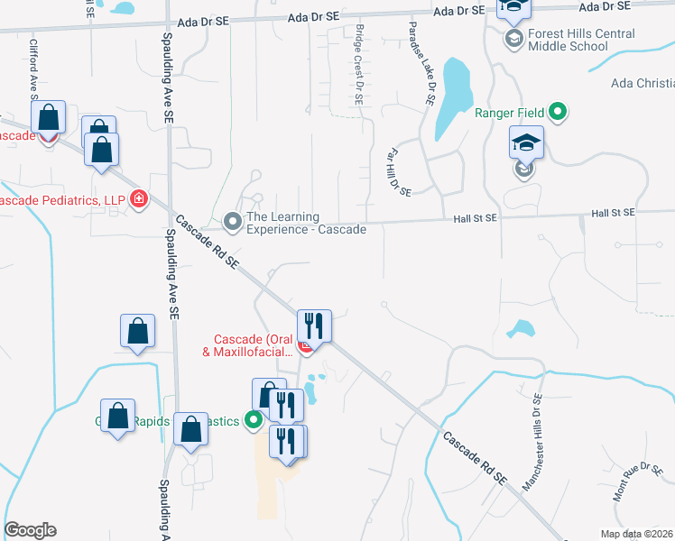 map of restaurants, bars, coffee shops, grocery stores, and more near 5525 Ranger Hills Drive Southeast in Grand Rapids