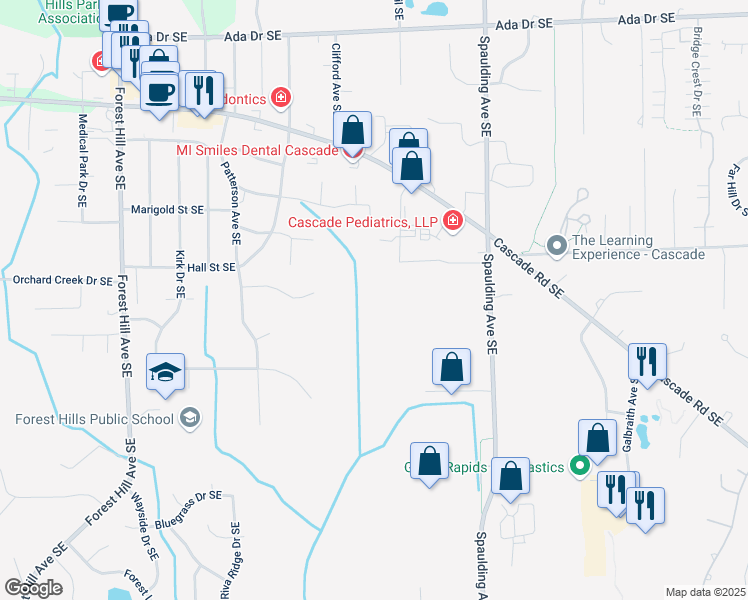 map of restaurants, bars, coffee shops, grocery stores, and more near 5042 Cascade Road Southeast in Grand Rapids