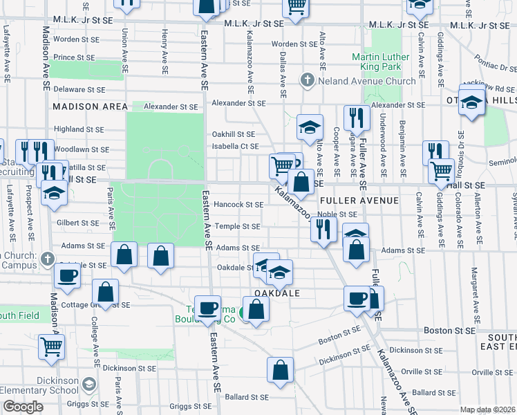map of restaurants, bars, coffee shops, grocery stores, and more near 1217 Butler Avenue Southeast in Grand Rapids