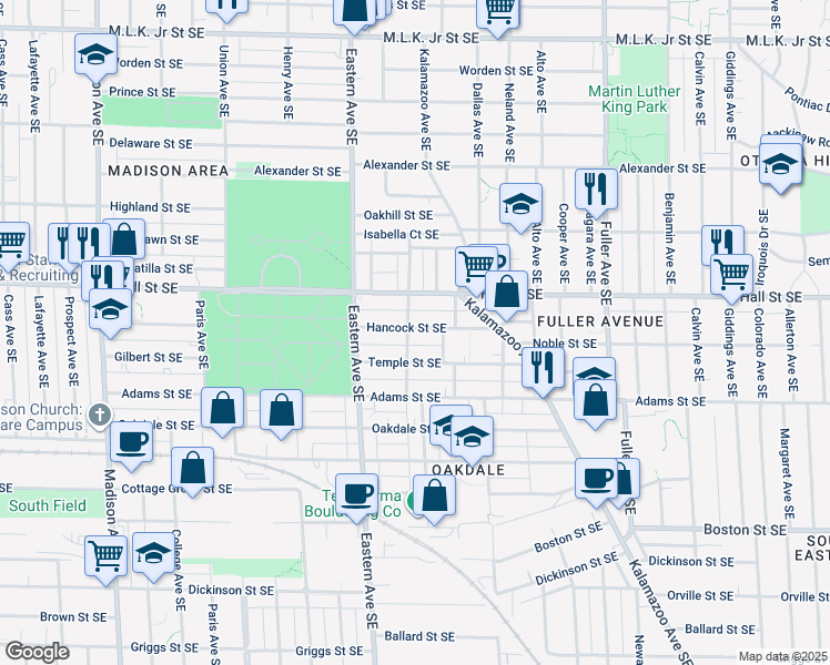 map of restaurants, bars, coffee shops, grocery stores, and more near 1217 Marshall Avenue Southeast in Grand Rapids