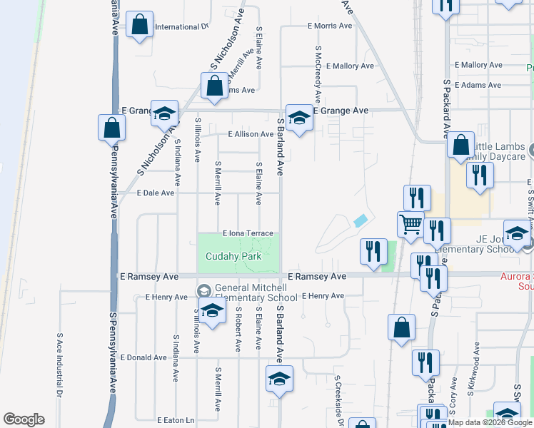 map of restaurants, bars, coffee shops, grocery stores, and more near 5719 South Elaine Avenue in Cudahy