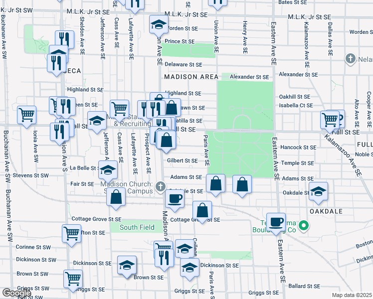 map of restaurants, bars, coffee shops, grocery stores, and more near 454 Crawford Street Southeast in Grand Rapids