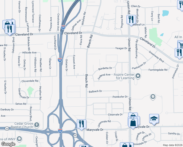 map of restaurants, bars, coffee shops, grocery stores, and more near 8 Burdette Drive in Buffalo