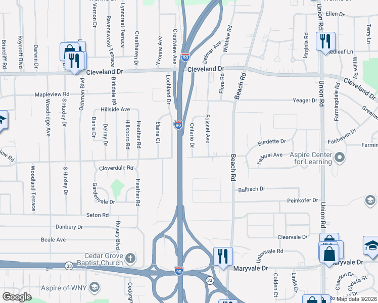 map of restaurants, bars, coffee shops, grocery stores, and more near 10 Ontario Drive in Buffalo