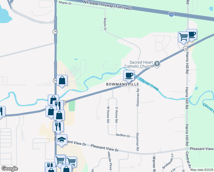 map of restaurants, bars, coffee shops, grocery stores, and more near 5176 Genesee Street in Bowmansville