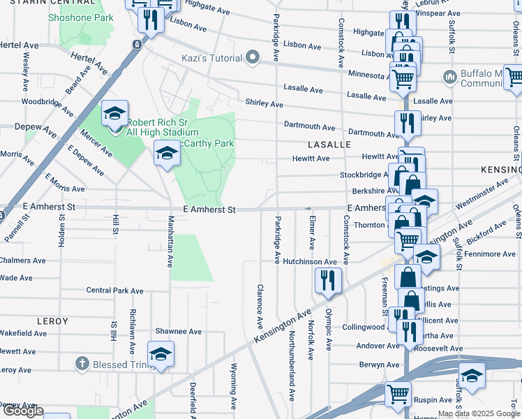map of restaurants, bars, coffee shops, grocery stores, and more near East Amherst Street & Clarence Avenue in Buffalo