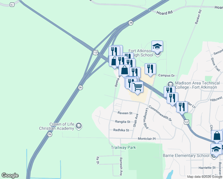 map of restaurants, bars, coffee shops, grocery stores, and more near 1604 Commonwealth Drive in Fort Atkinson