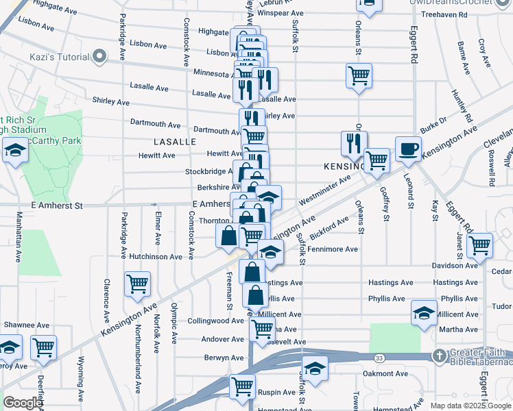 map of restaurants, bars, coffee shops, grocery stores, and more near 720 East Amherst Street in Buffalo