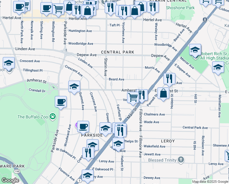 map of restaurants, bars, coffee shops, grocery stores, and more near 1652 Amherst Street in Buffalo