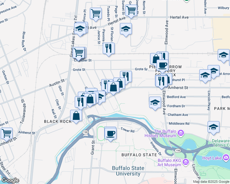 map of restaurants, bars, coffee shops, grocery stores, and more near 18 Reservation Street in Buffalo