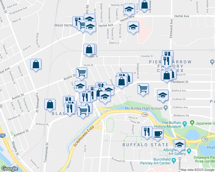 map of restaurants, bars, coffee shops, grocery stores, and more near 107 Peter Street in Buffalo