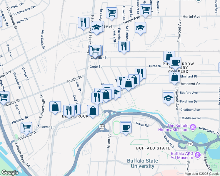 map of restaurants, bars, coffee shops, grocery stores, and more near 107 Peter Street in Buffalo