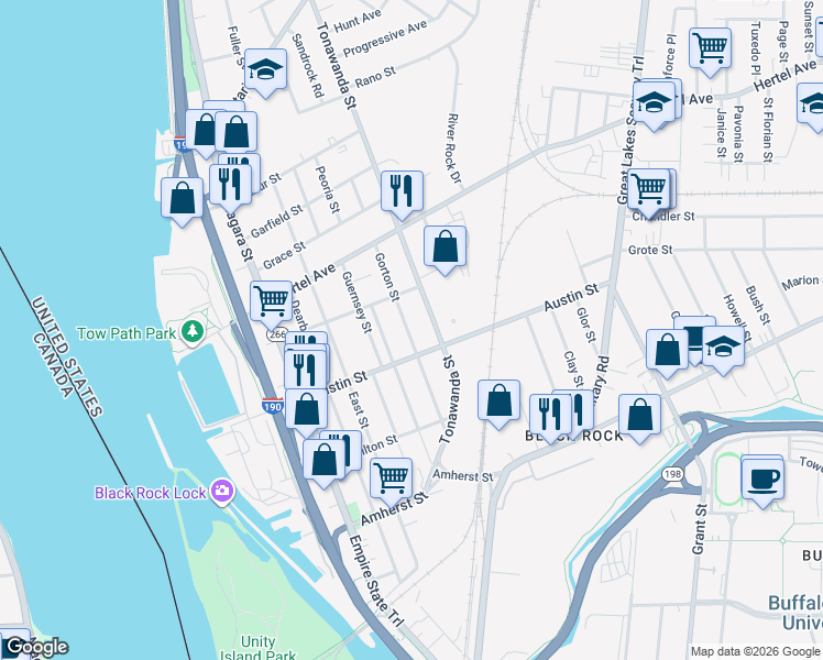 map of restaurants, bars, coffee shops, grocery stores, and more near 181 Gorton Street in Buffalo