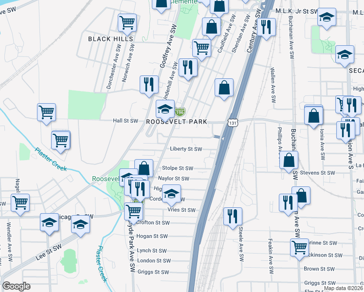map of restaurants, bars, coffee shops, grocery stores, and more near 572 Shamrock Street Southwest in Grand Rapids