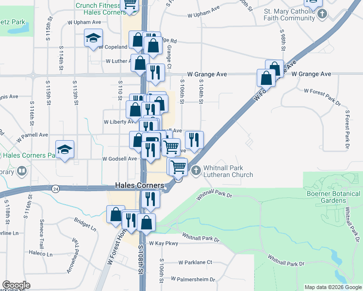 map of restaurants, bars, coffee shops, grocery stores, and more near 10555 West Parnell Avenue in Hales Corners