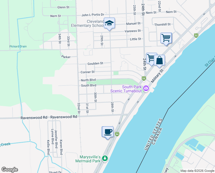 map of restaurants, bars, coffee shops, grocery stores, and more near 2816 South Boulevard in Port Huron