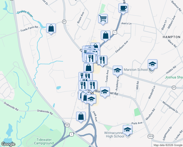 map of restaurants, bars, coffee shops, grocery stores, and more near 6 Swain Court in Hampton