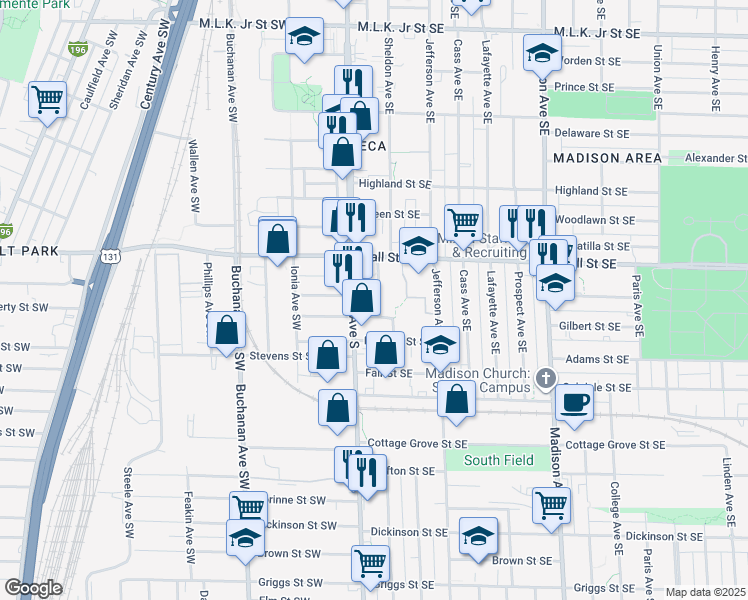 map of restaurants, bars, coffee shops, grocery stores, and more near 1245 Euclid Avenue Southeast in Grand Rapids