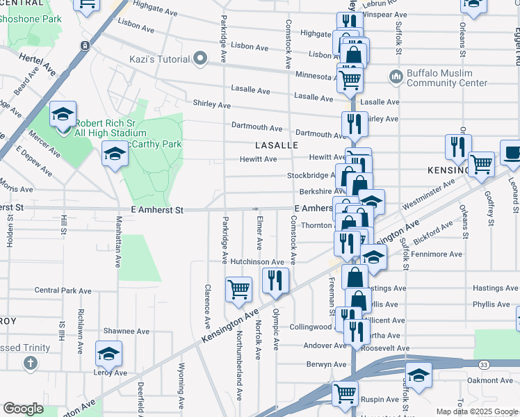 map of restaurants, bars, coffee shops, grocery stores, and more near E Amherst St & Elmer Ave in Buffalo