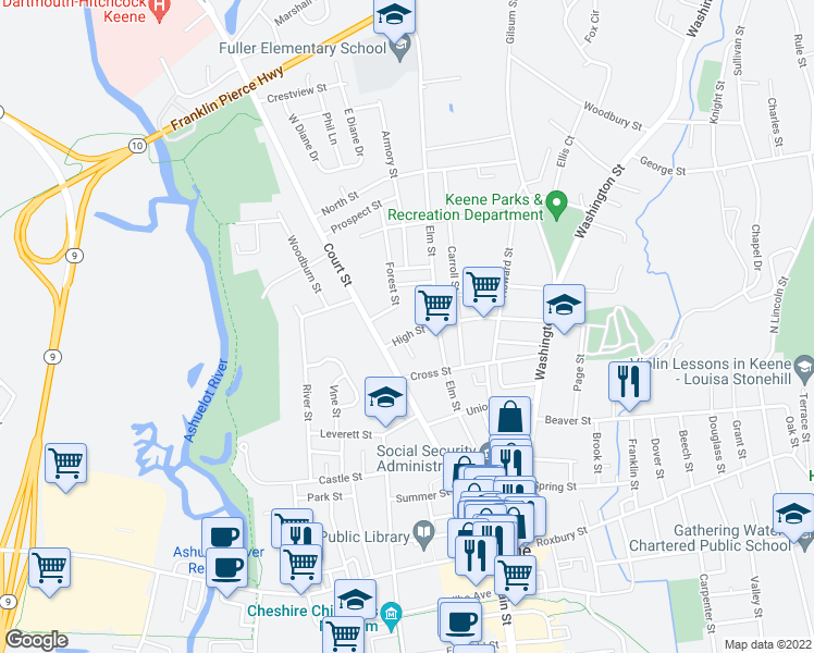 map of restaurants, bars, coffee shops, grocery stores, and more near 143 High Street in Keene