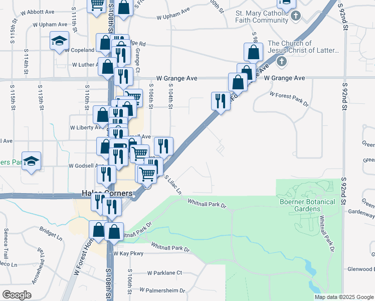 map of restaurants, bars, coffee shops, grocery stores, and more near 10265 West Forest Home Avenue in Hales Corners