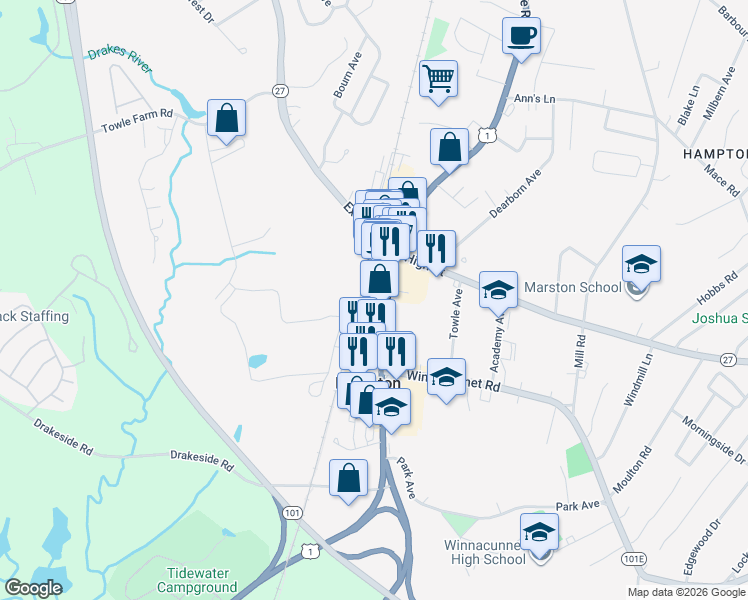 map of restaurants, bars, coffee shops, grocery stores, and more near 418 Lafayette Road in Hampton