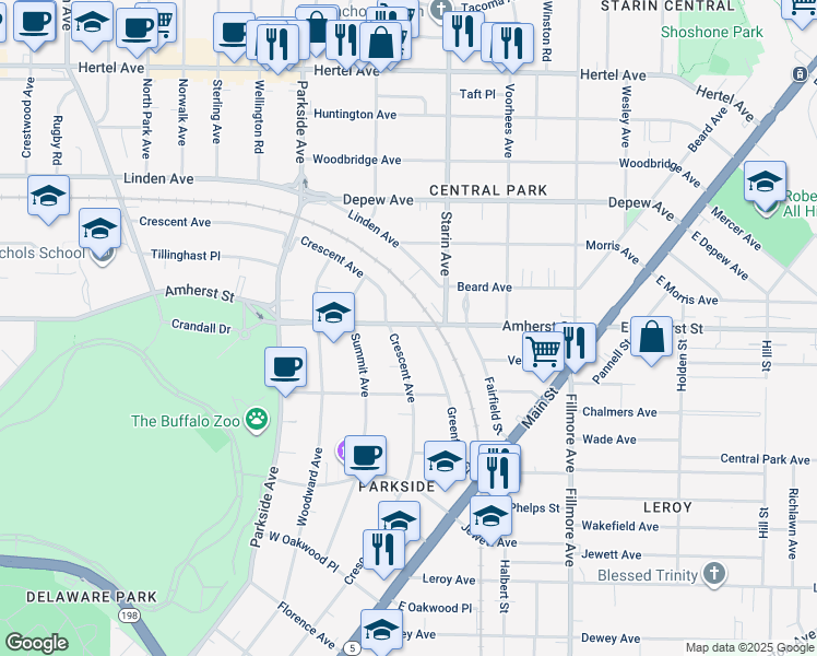 map of restaurants, bars, coffee shops, grocery stores, and more near 1580 Amherst Street in Buffalo